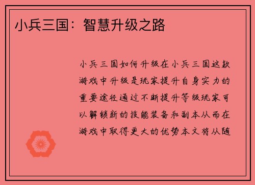 小兵三国：智慧升级之路